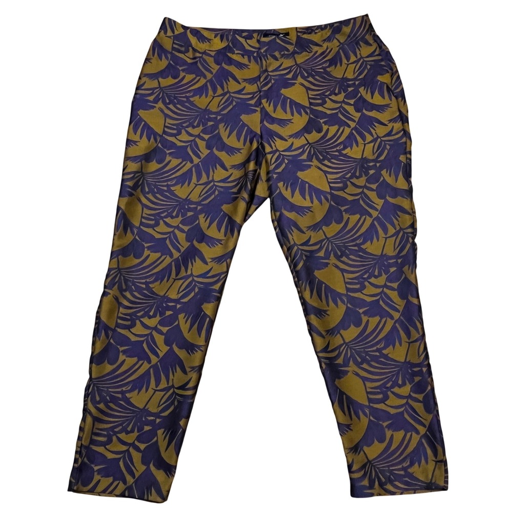 NWT Ashley Stewart Floral Jacquard Tapered Pants 24 Blue Gold Palm Leaf Tropical
